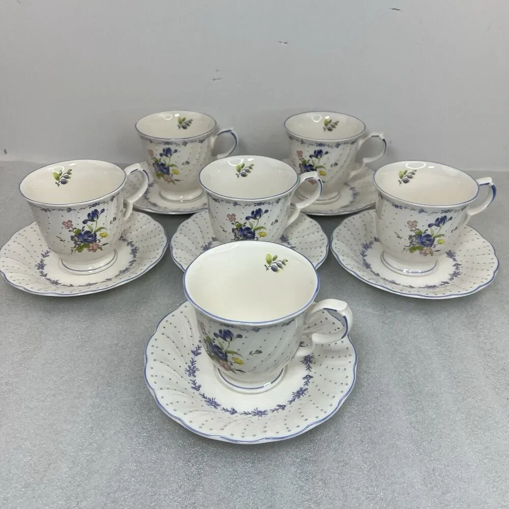 Vtg Nikko Blue Peony Tea Cup & Saucer 6 Sets Blue Floral Dot Cottagecore Japan